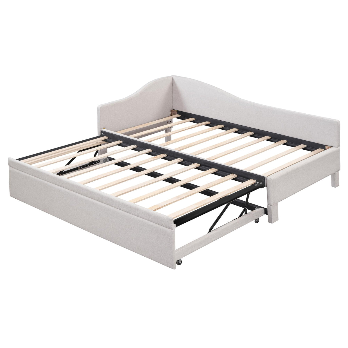 Beige Linen Upholstered Twin Size L-Shaped Daybed with Pop Up Trundle I385
