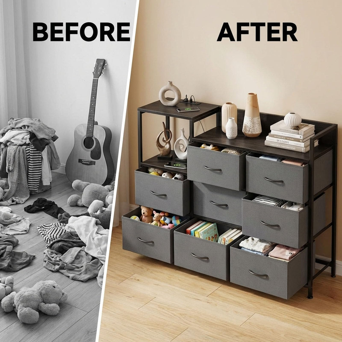 TV Stand with Charging Station, 8 Fabric Drawers Dresser Q2379