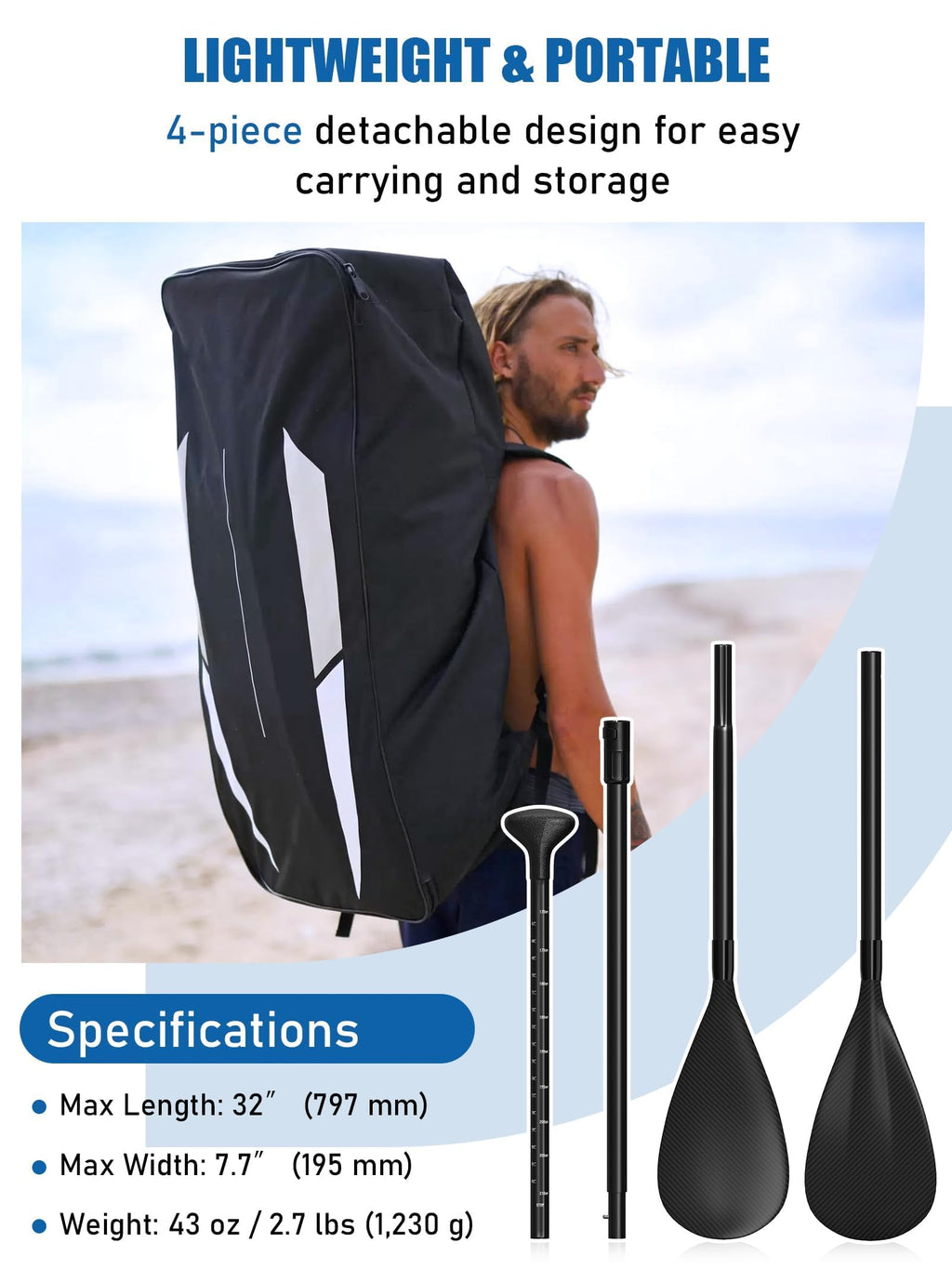 4 Piece Carbon Aluminium Adjustable SUP Paddle 67"-83" A5279