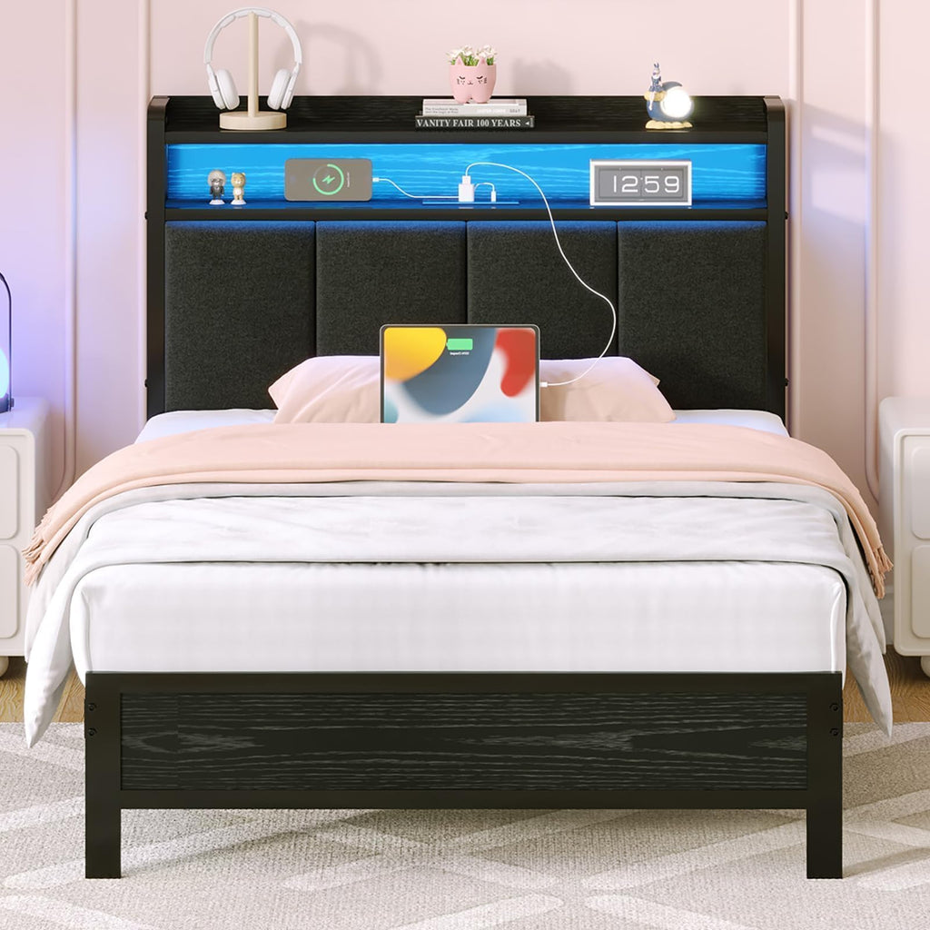 Dark Grey Twin Bed Frame with LED Lights and Charging Station Q744