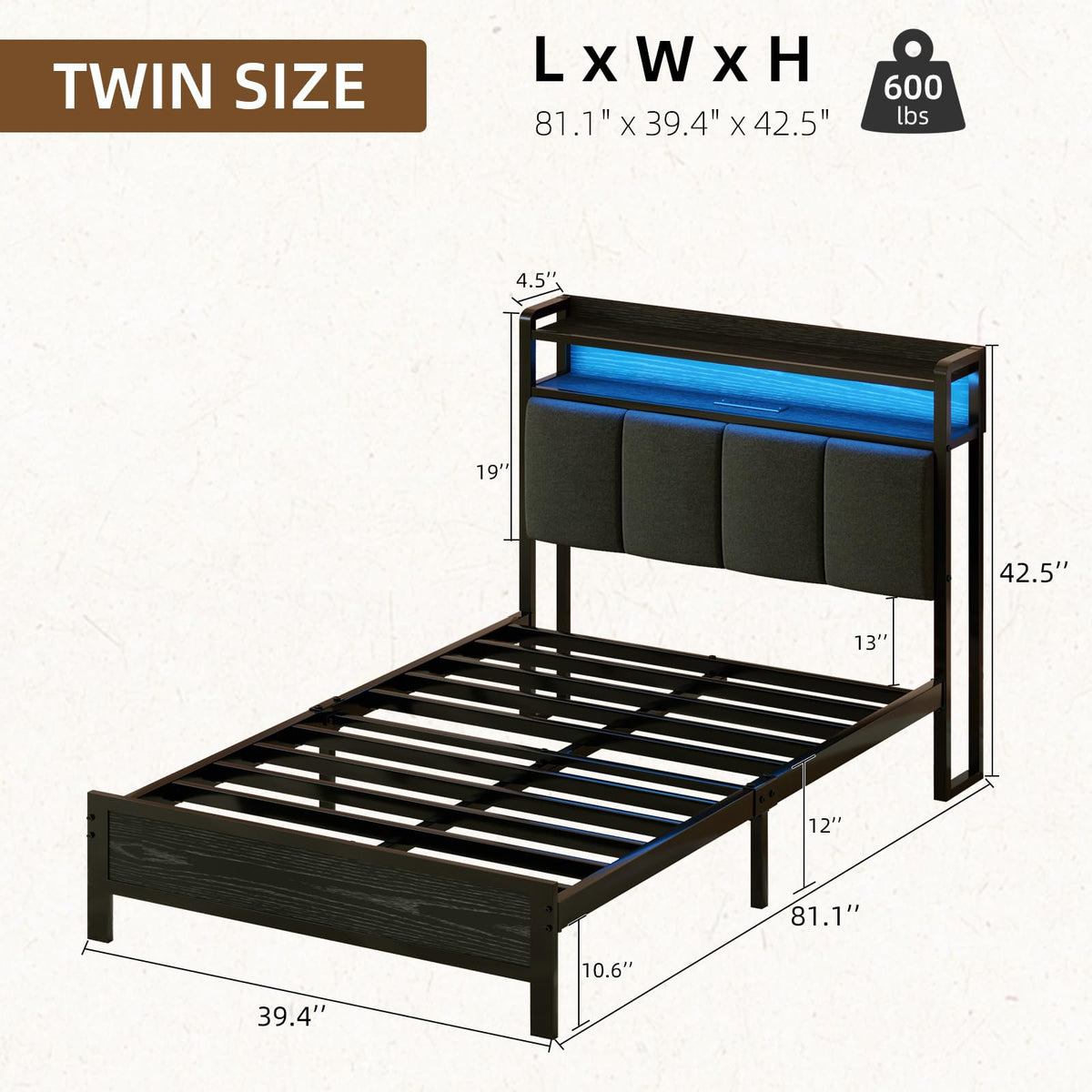 Dark Grey Twin Bed Frame with LED Lights and Charging Station Q744