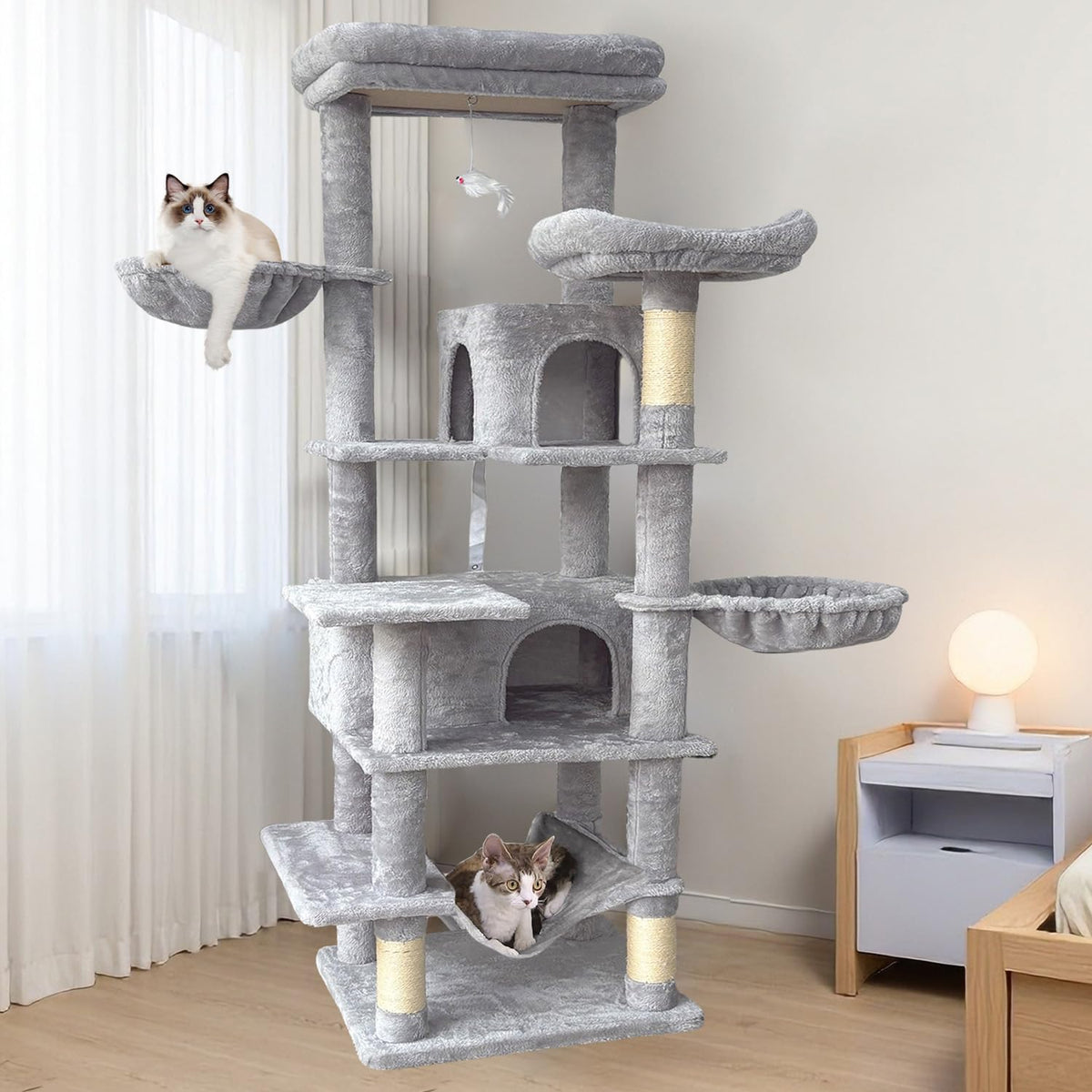 68 Inches Tall Multi-Level Cat Tree with Hammock and Light Gray C421608