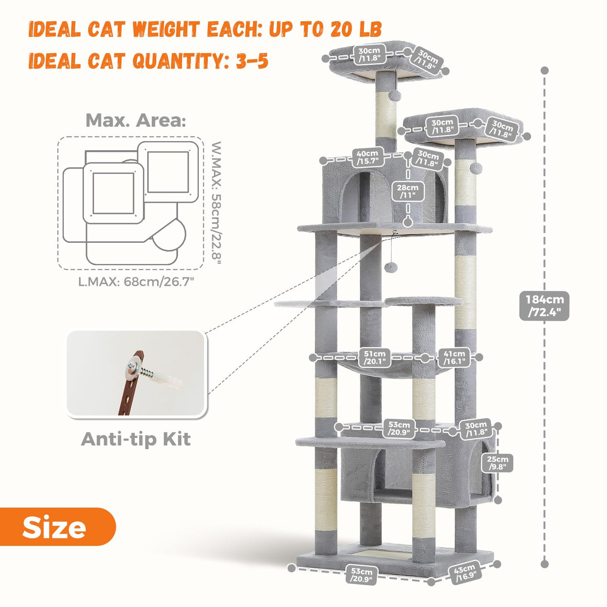 72" Cat Tree with Hammock & Condos O2875