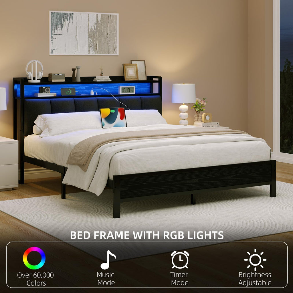 Dark Grey Twin Bed Frame with LED Lights and Charging Station Q744