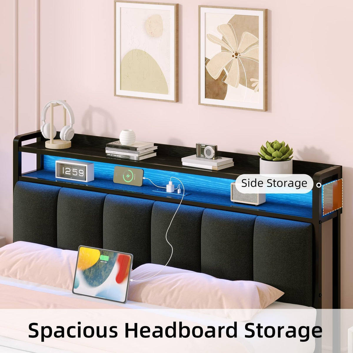 Dark Grey Twin Bed Frame with LED Lights and Charging Station Q744