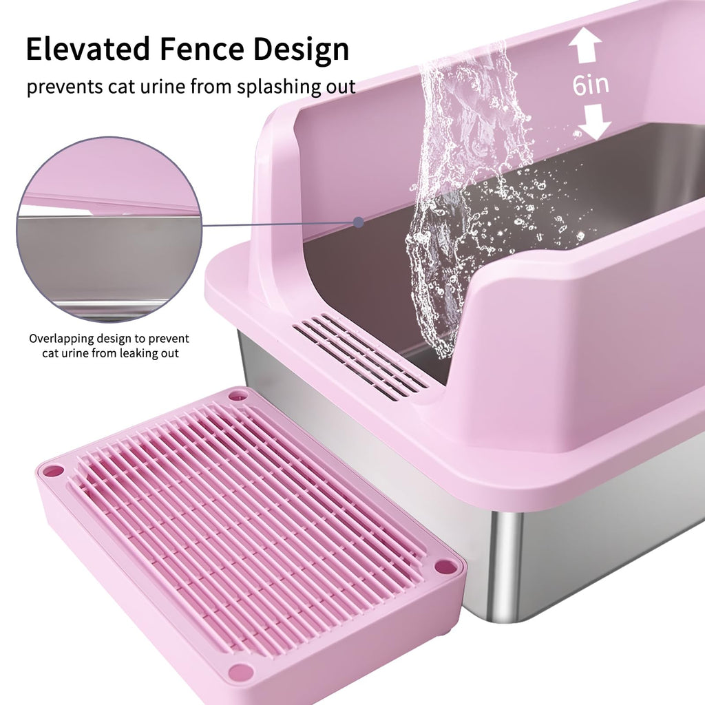 Open Cat Litter Box Stainless Steel High Walls with Scoop K4974