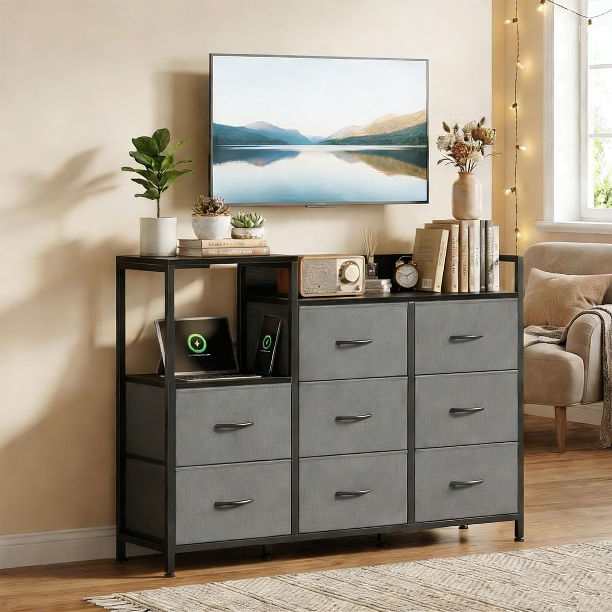TV Stand with Charging Station, 8 Fabric Drawers Dresser Q2379