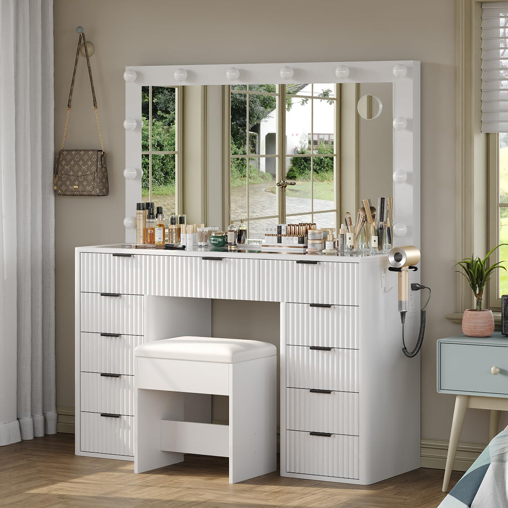 47" White Vanity Desk with 3-Color LED Mirror & 11 Drawers Z757289