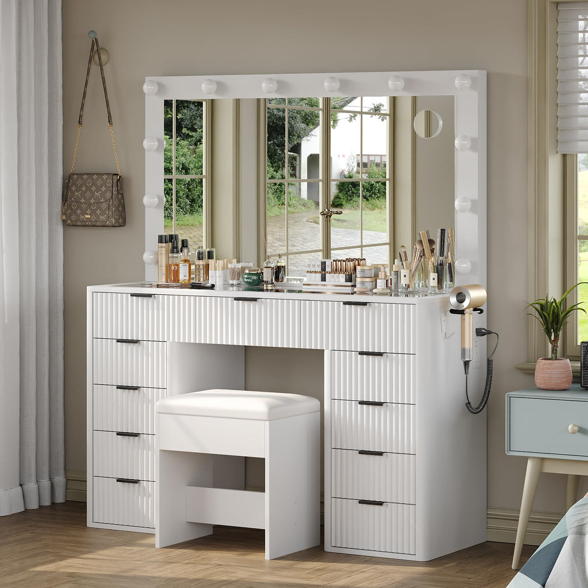 47" White Vanity Desk with 3-Color LED Mirror & 11 Drawers Z757289