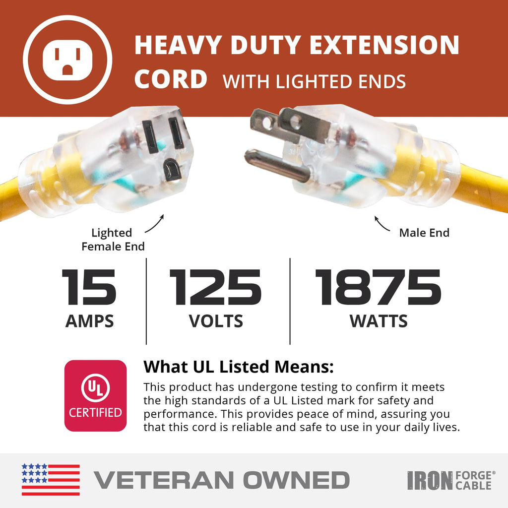 100 Foot Outdoor Extension Cord 12/3 SJTW Heavy Duty Yellow 3 Prong 15 AMP I24102