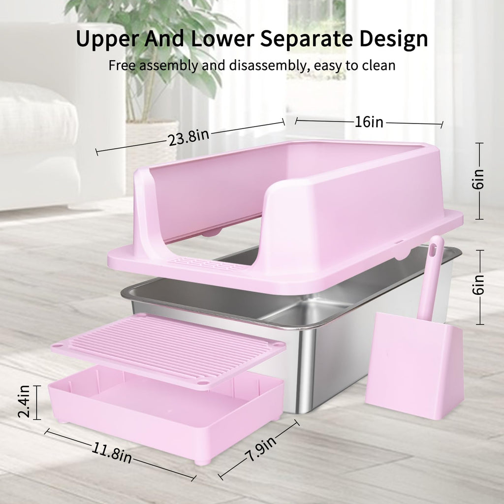 Open Cat Litter Box Stainless Steel High Walls with Scoop K4974