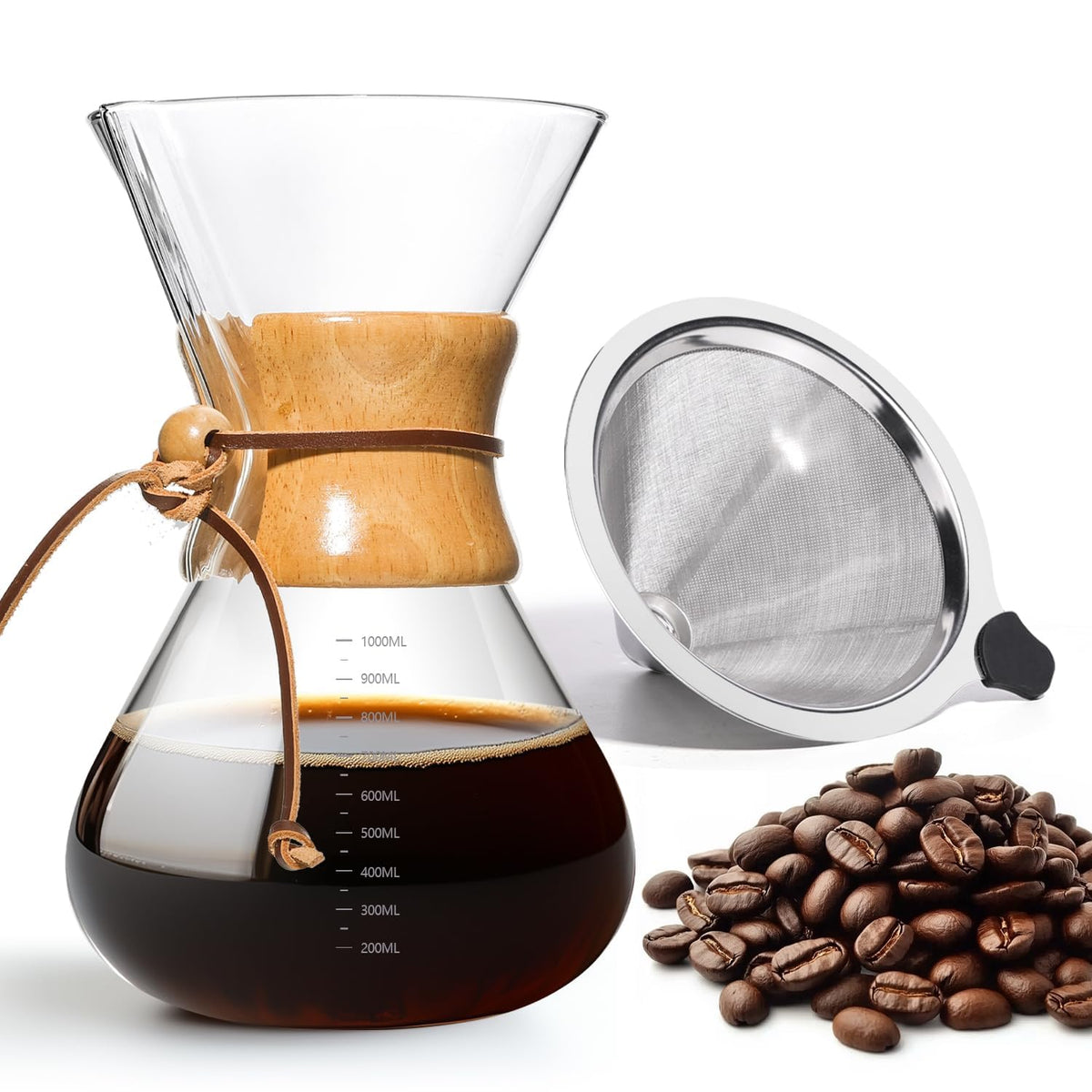 34 OZ Borosilicate Glass Pour Over Coffee Maker with Reusable Stainless Steel Filter F81312