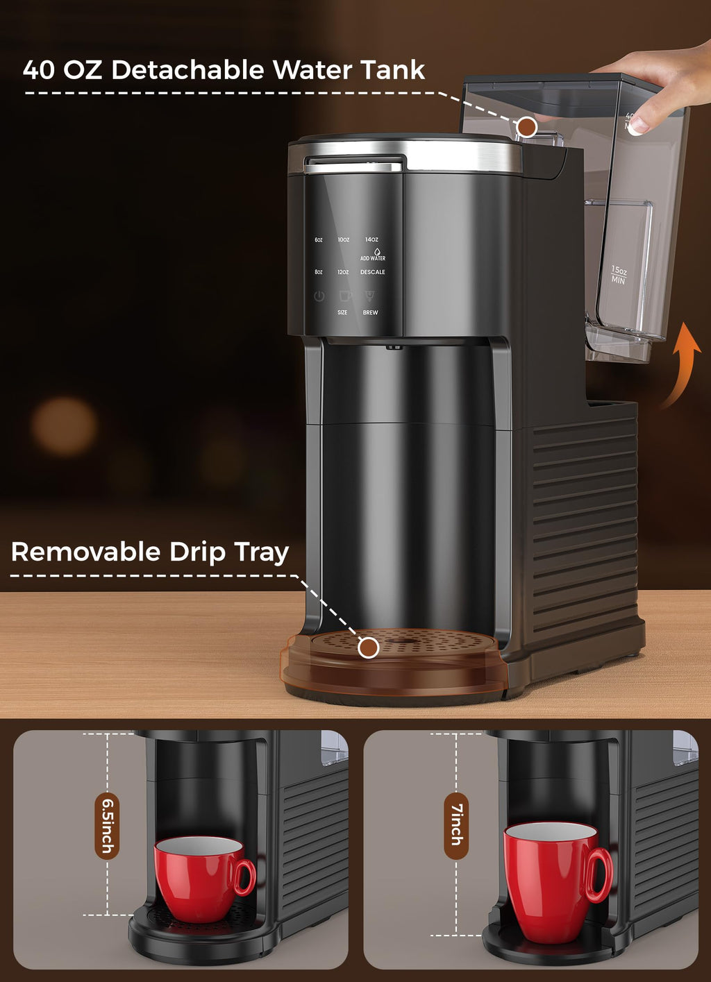 Single Serve Coffee Maker with 40 Oz Water Tank, Satin Black T904721