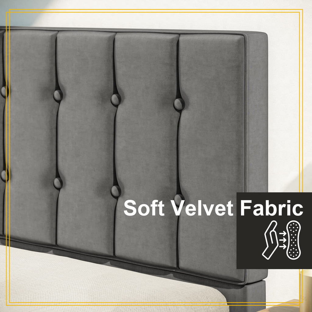 Grey Velvet Upholstered Twin Platform Bed Frame with Headboard E269