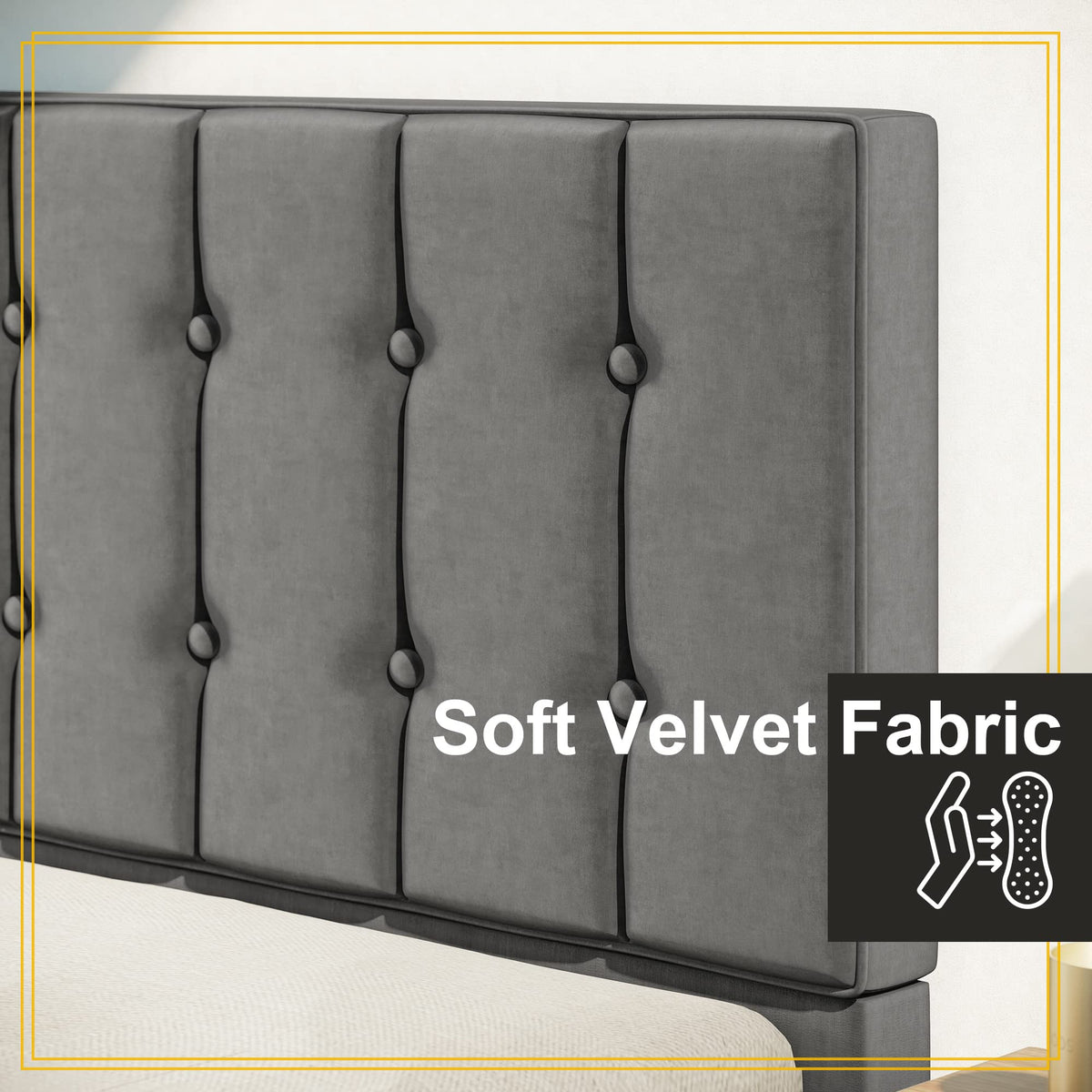 Grey Velvet Upholstered Twin Platform Bed Frame with Headboard E269