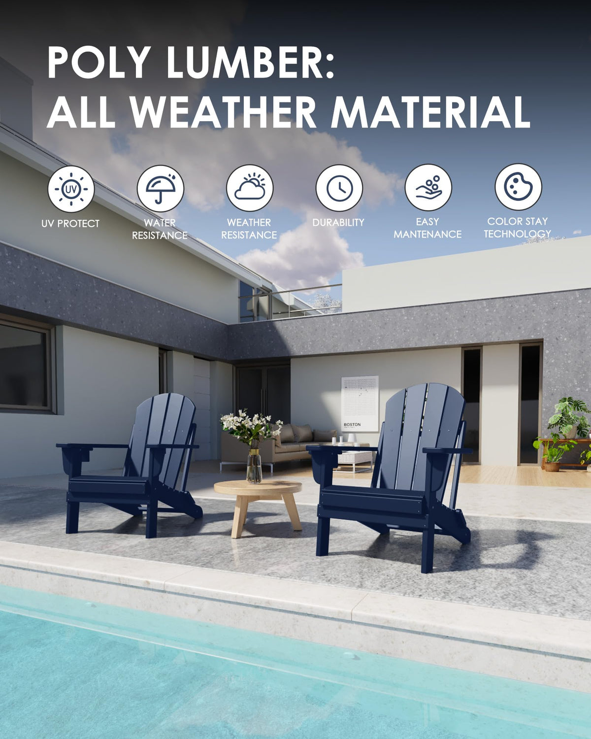 Folding Adirondack Chairs Set of 6, All-Weather Resistant HDPE Patio Chairs with Cup Holder, Navy Blue M883