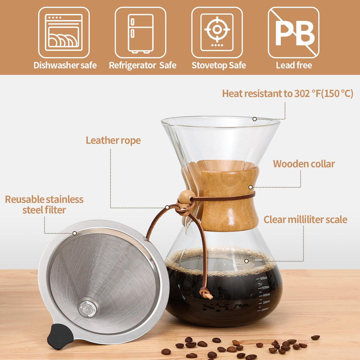 34 OZ Borosilicate Glass Pour Over Coffee Maker with Reusable Stainless Steel Filter F81312