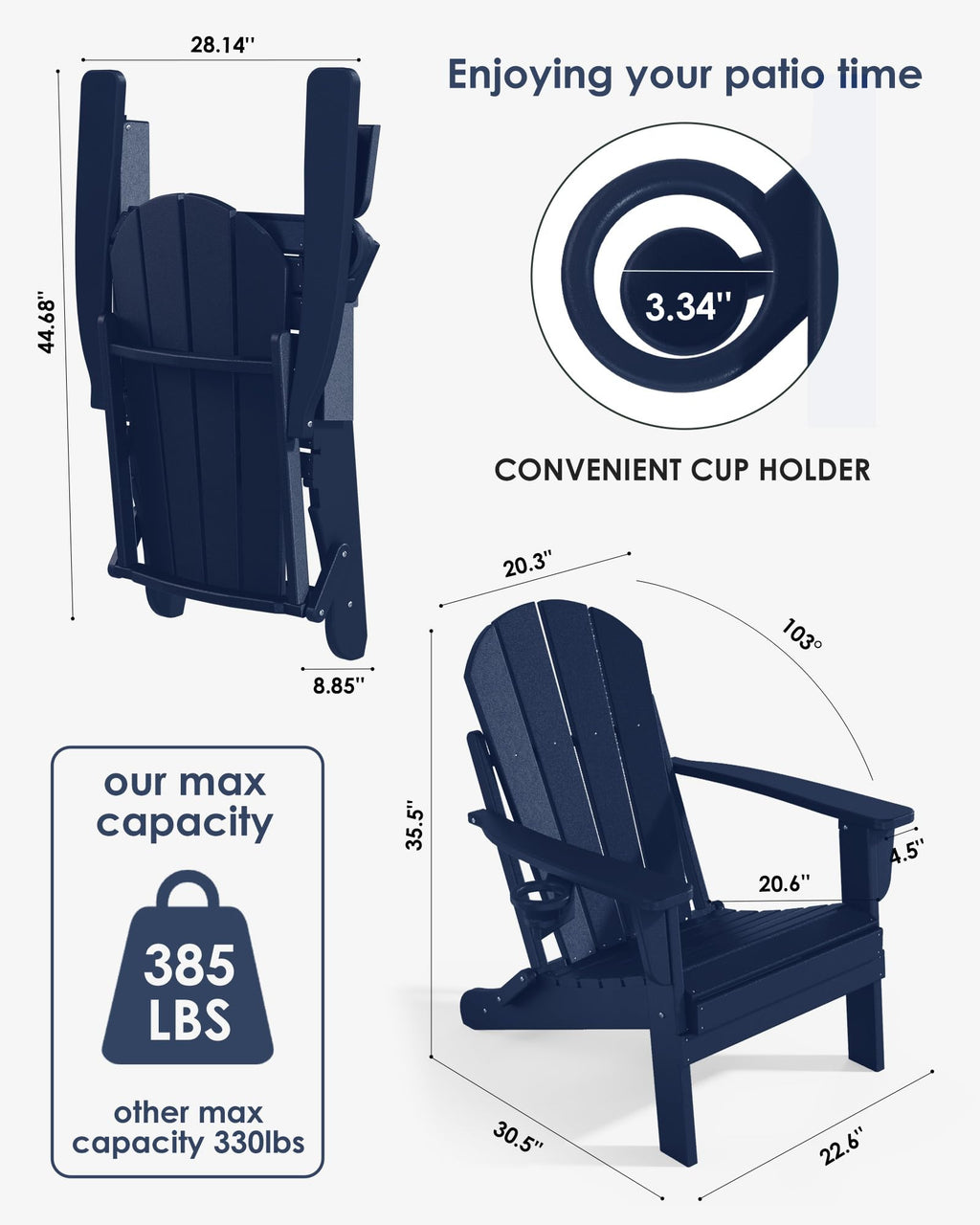 Folding Adirondack Chairs Set of 6, All-Weather Resistant HDPE Patio Chairs with Cup Holder, Navy Blue M883