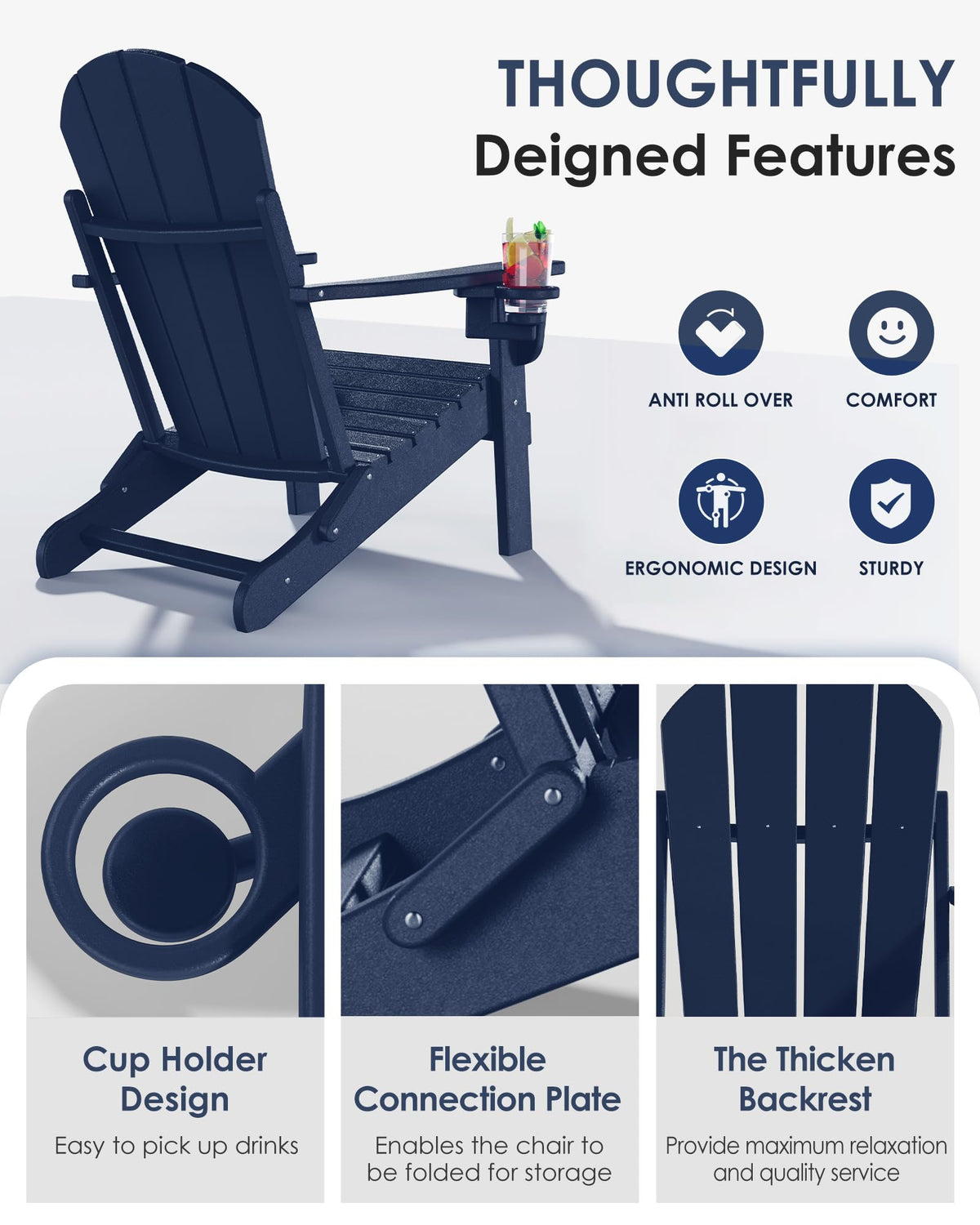 Folding Adirondack Chairs Set of 6, All-Weather Resistant HDPE Patio Chairs with Cup Holder, Navy Blue M883