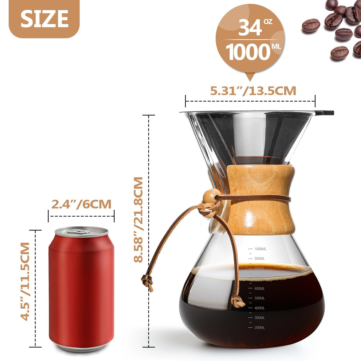 34 OZ Borosilicate Glass Pour Over Coffee Maker with Reusable Stainless Steel Filter F81312