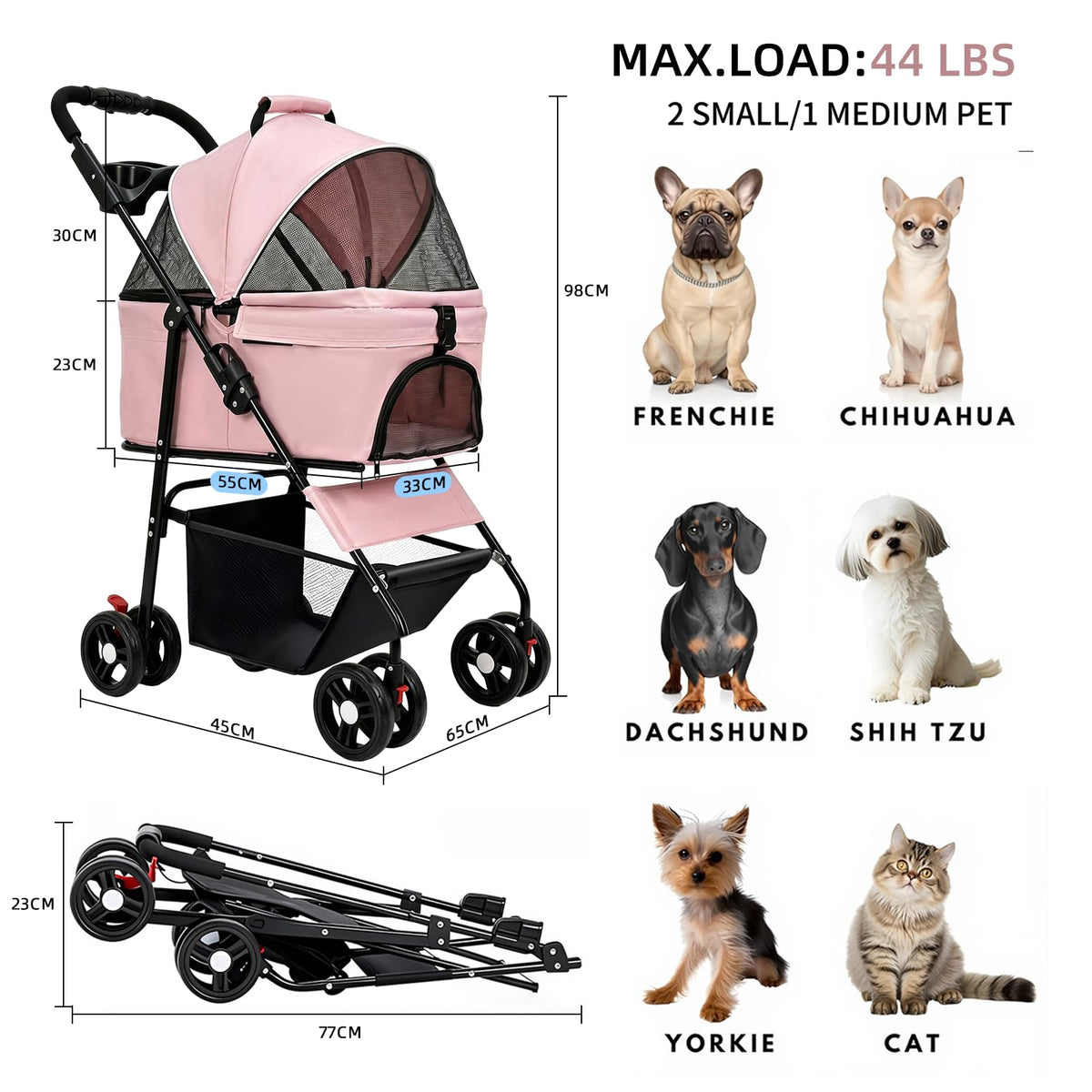 Pink Pet Stroller with Detachable Carrier F294320