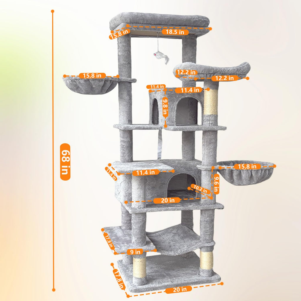 68 Inches Tall Multi-Level Cat Tree with Hammock and Light Gray C421608