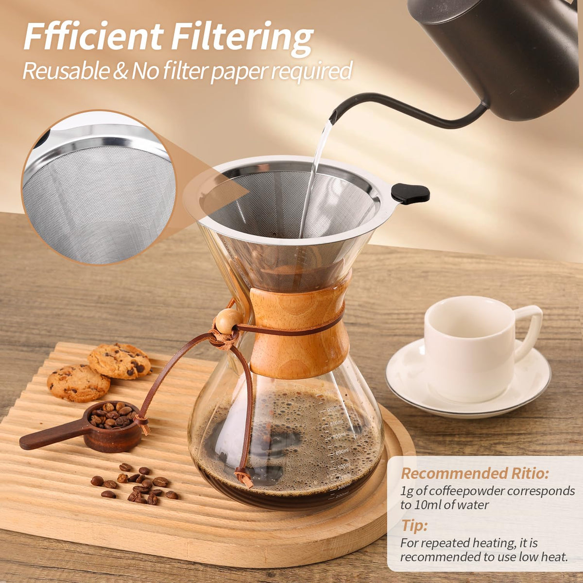 34 OZ Borosilicate Glass Pour Over Coffee Maker with Reusable Stainless Steel Filter F81312
