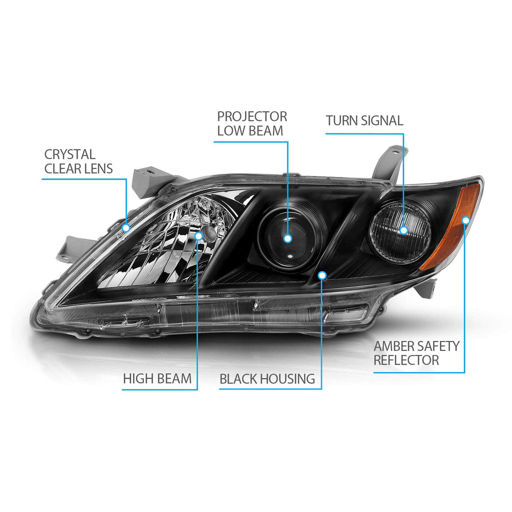 2007-2009 Toyota Camry Black Projector Headlight Assembly Pair E406