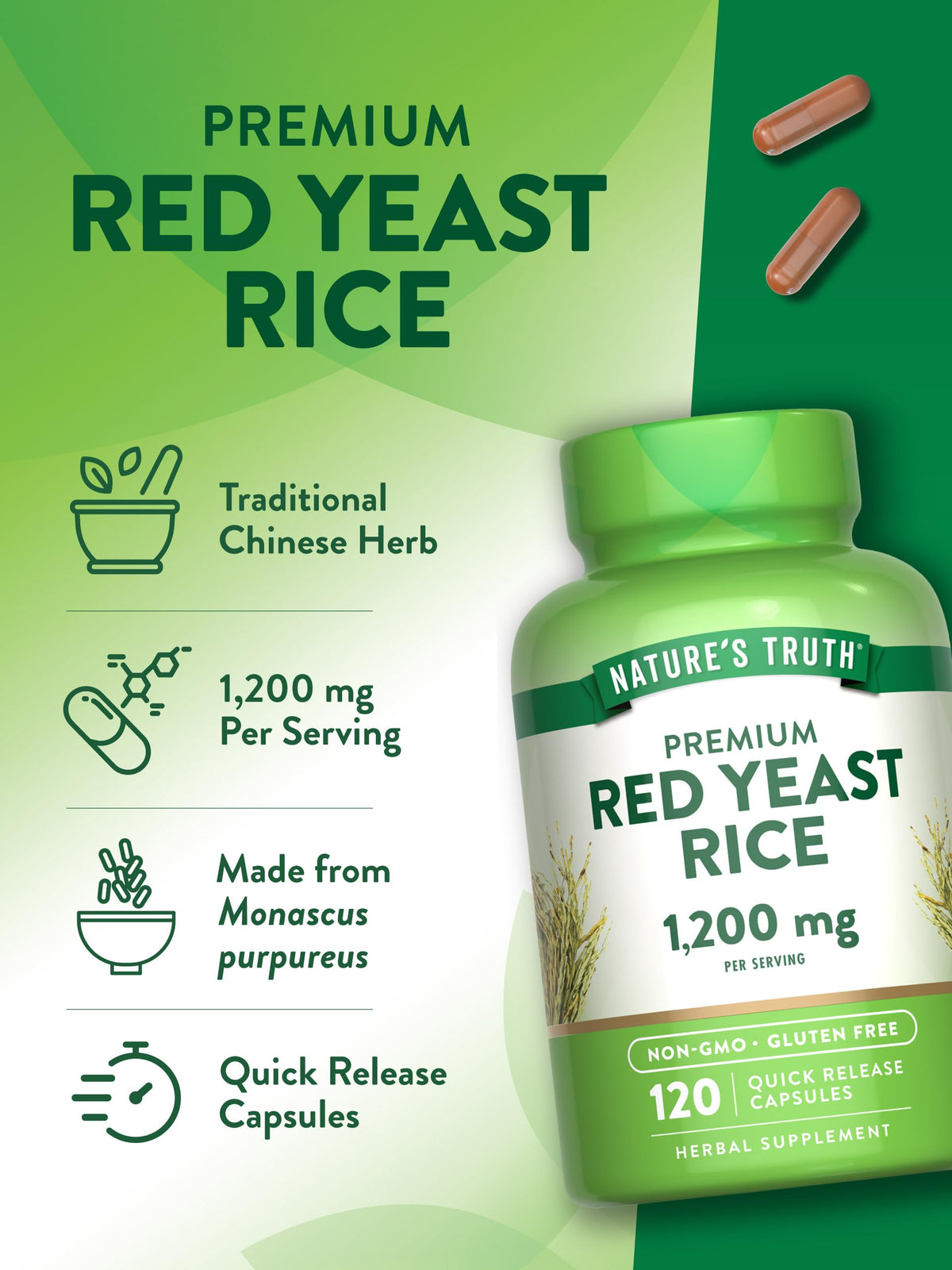 Red Yeast Rice Herbal Supplement 1200 mg 120 Capsules P4407