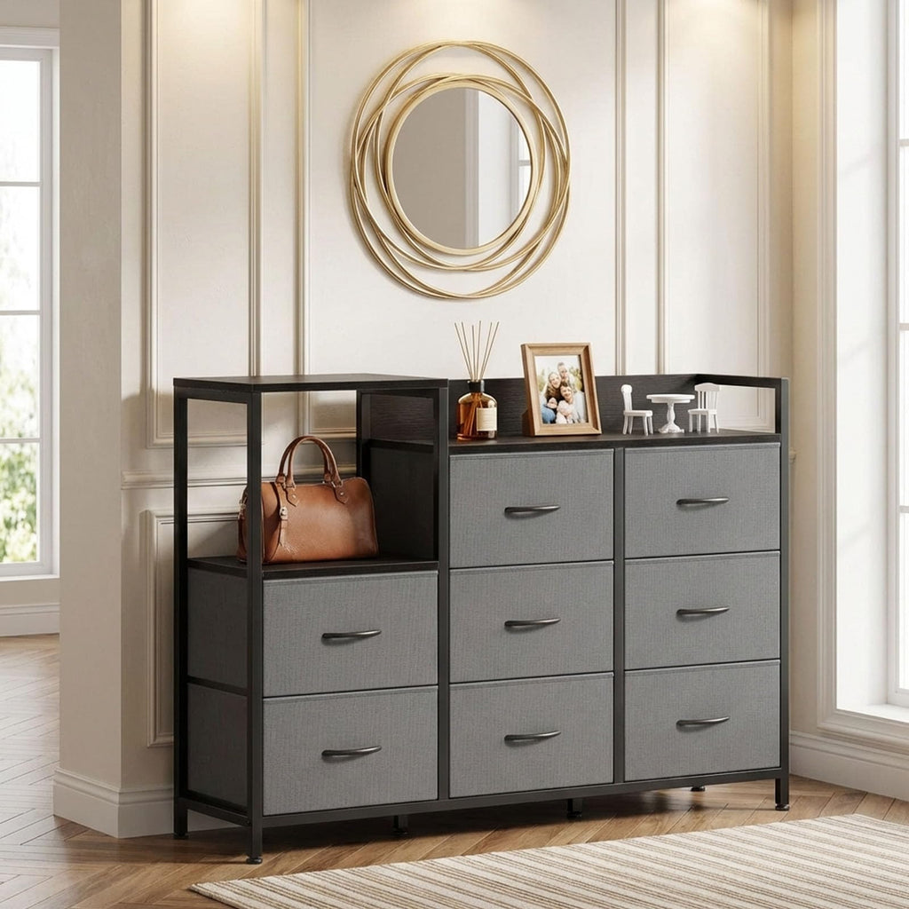 TV Stand with Charging Station, 8 Fabric Drawers Dresser Q2379
