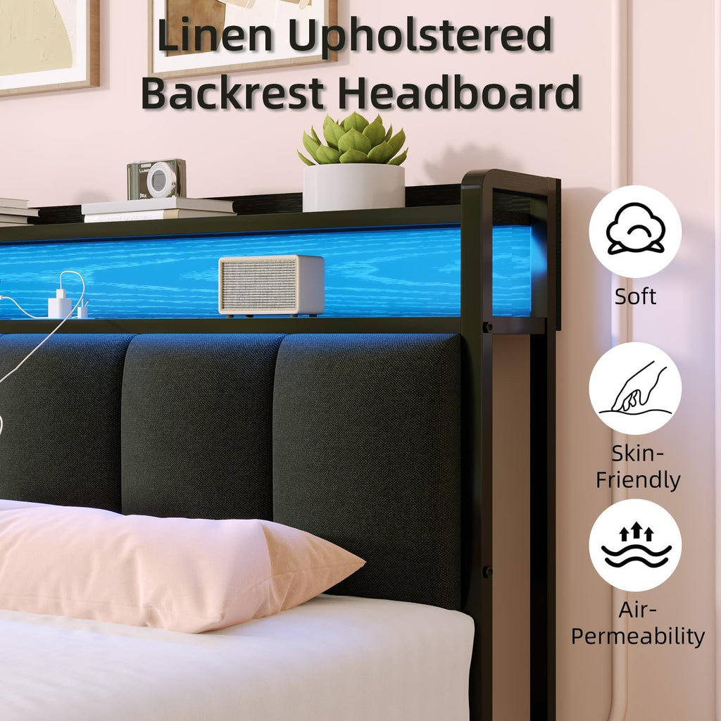 Dark Grey Twin Bed Frame with LED Lights and Charging Station Q744