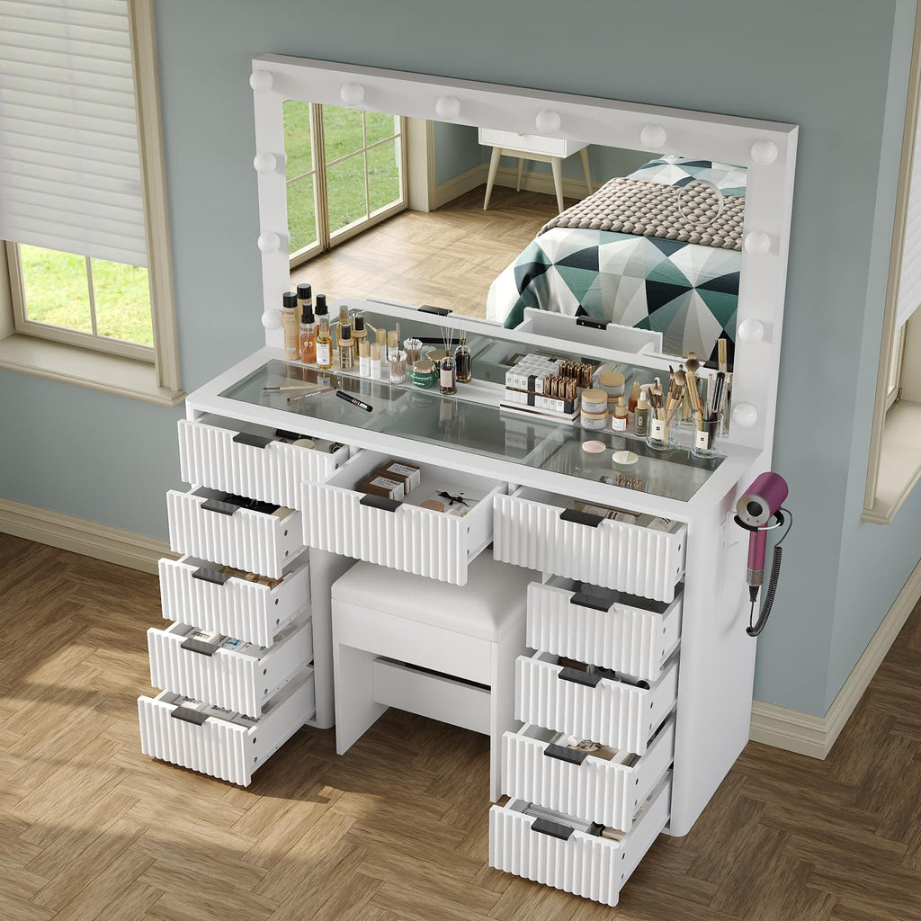 47" White Vanity Desk with 3-Color LED Mirror & 11 Drawers Z757289