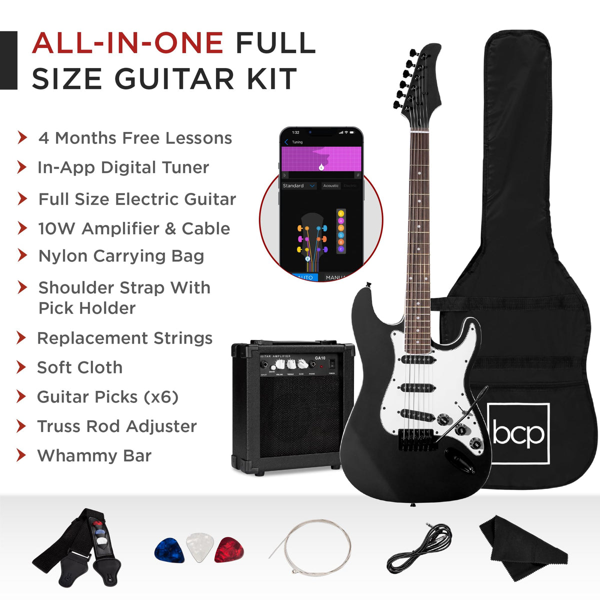 39in Full Size Beginner Electric Guitar Starter Kit with Case, Amp, Strings, Pick - Jet Black C651187