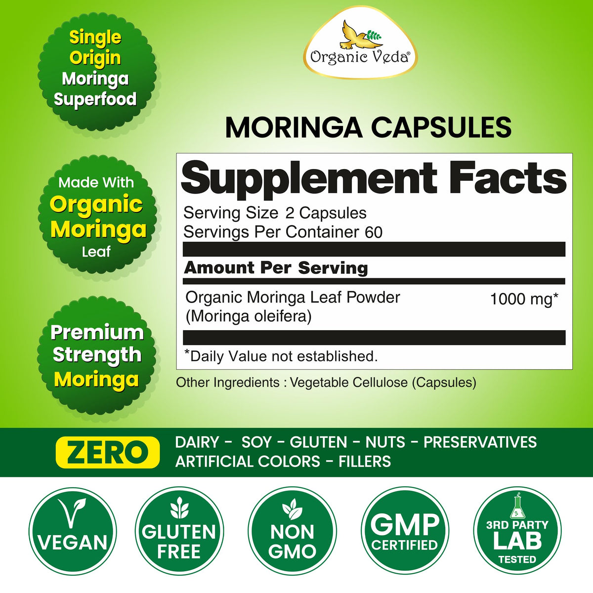1000mg Organic Moringa Capsule 120 Vegan Capsule C6315