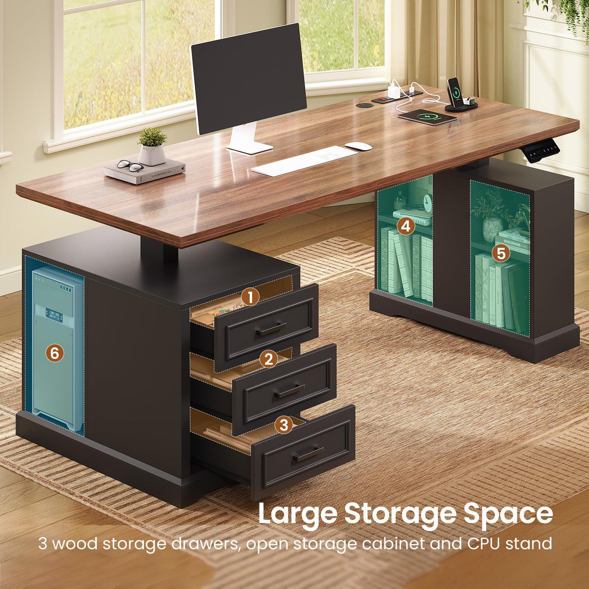 63" Farmhouse Electric Standing Desk with 3 Drawers N660215