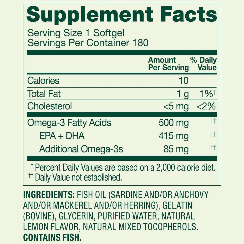 Omega-3 500 mg Fish Oil Softgels 180 Count Lemon Flavor H401422