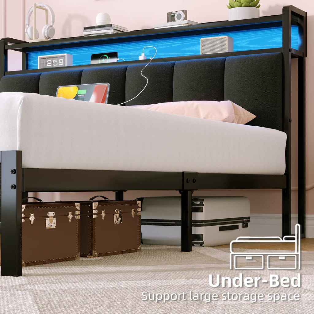 Dark Grey Twin Bed Frame with LED Lights and Charging Station Q744