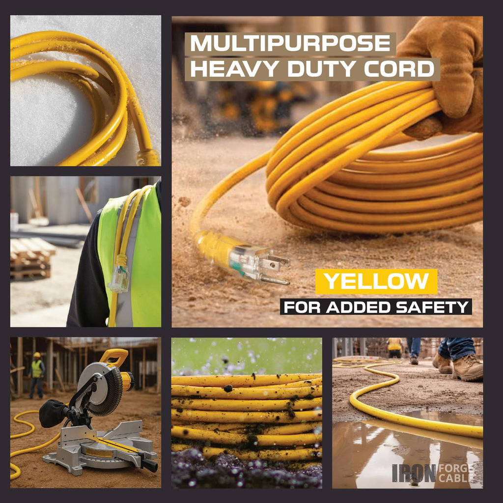100 Foot Outdoor Extension Cord 12/3 SJTW Heavy Duty Yellow 3 Prong 15 AMP I24102