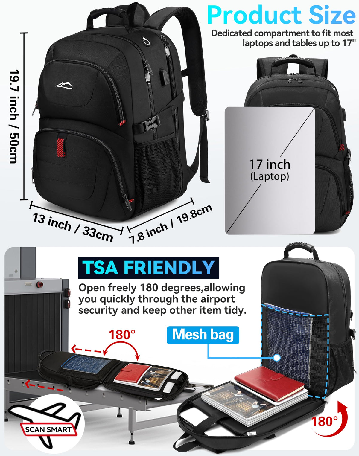 Extra Large Black Laptop Backpack with USB Charging Port H449334