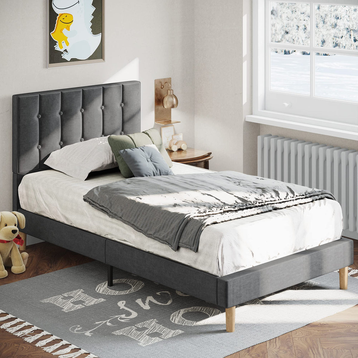 Grey Velvet Upholstered Twin Platform Bed Frame with Headboard E269