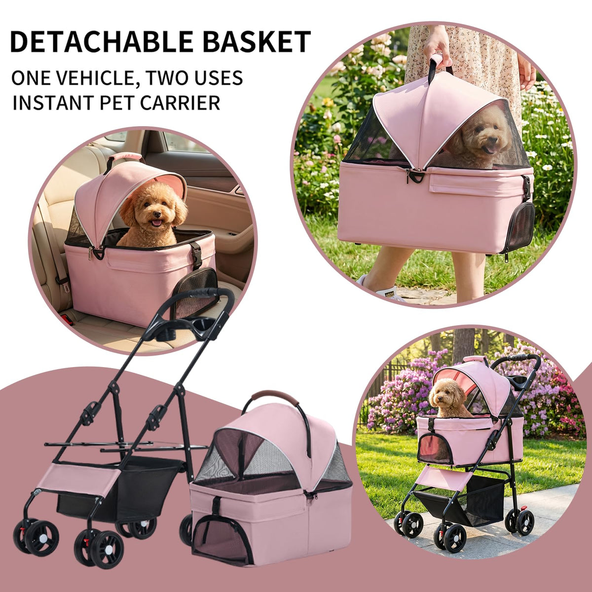 Pink Pet Stroller with Detachable Carrier F294320
