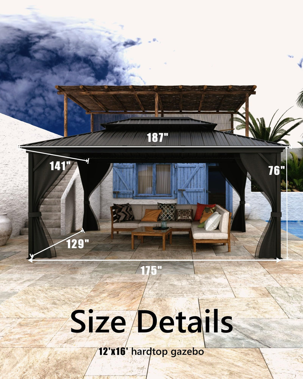Hardtop Gazebo 12x16 ft with Double Metal Roof, Net, and Curtain Z31238