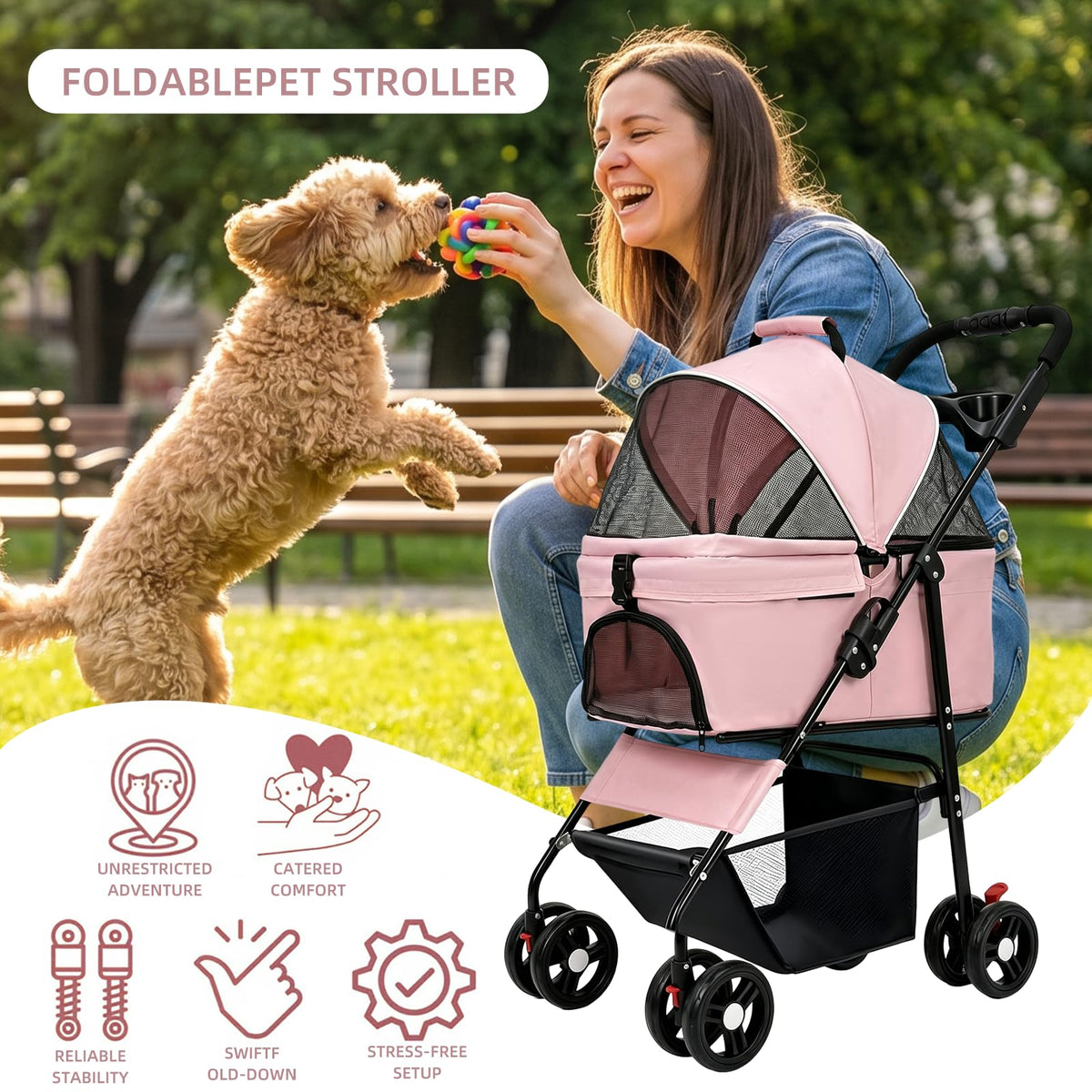 Pink Pet Stroller with Detachable Carrier F294320