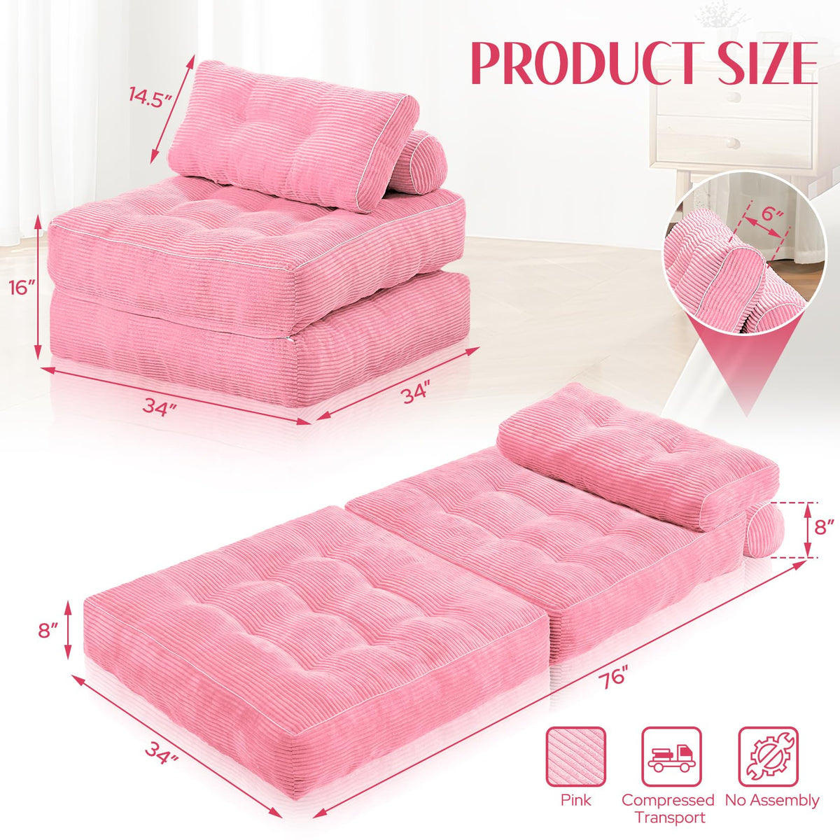 Folding Sofa Bed Convertible Sleeper Chair Bed with Pillow K1597