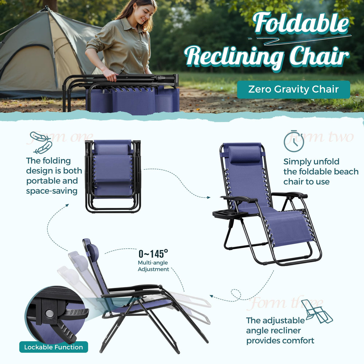 Zero Gravity Chair with Cup Holder Pillows Set of 2 Blue Z462
