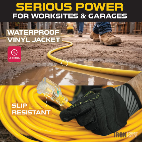100 Foot Outdoor Extension Cord 12/3 SJTW Heavy Duty Yellow 3 Prong 15 AMP I24102