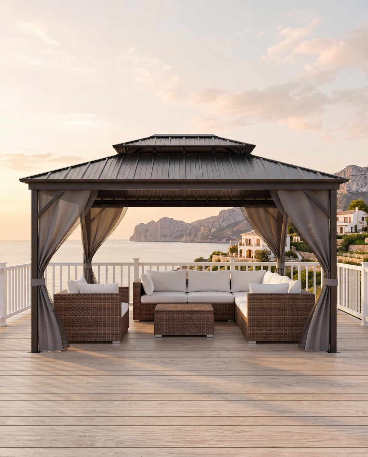 Hardtop Gazebo 12x16 ft with Double Metal Roof, Net, and Curtain Z31238