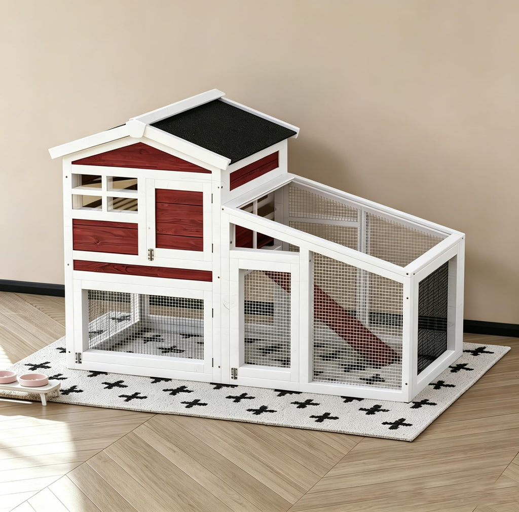 54" 2-Tier Wooden Rabbit Hutch with Run C468