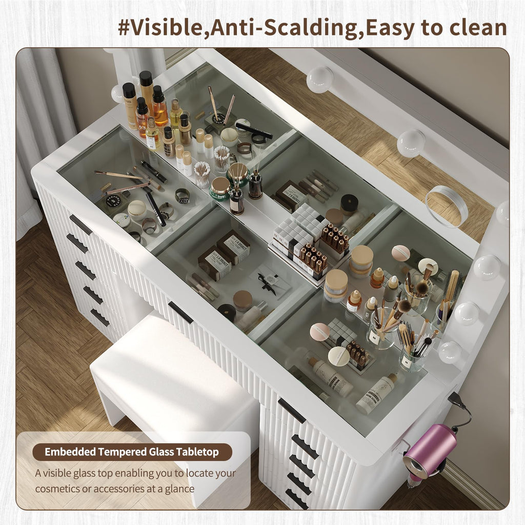 47" White Vanity Desk with 3-Color LED Mirror & 11 Drawers Z757289