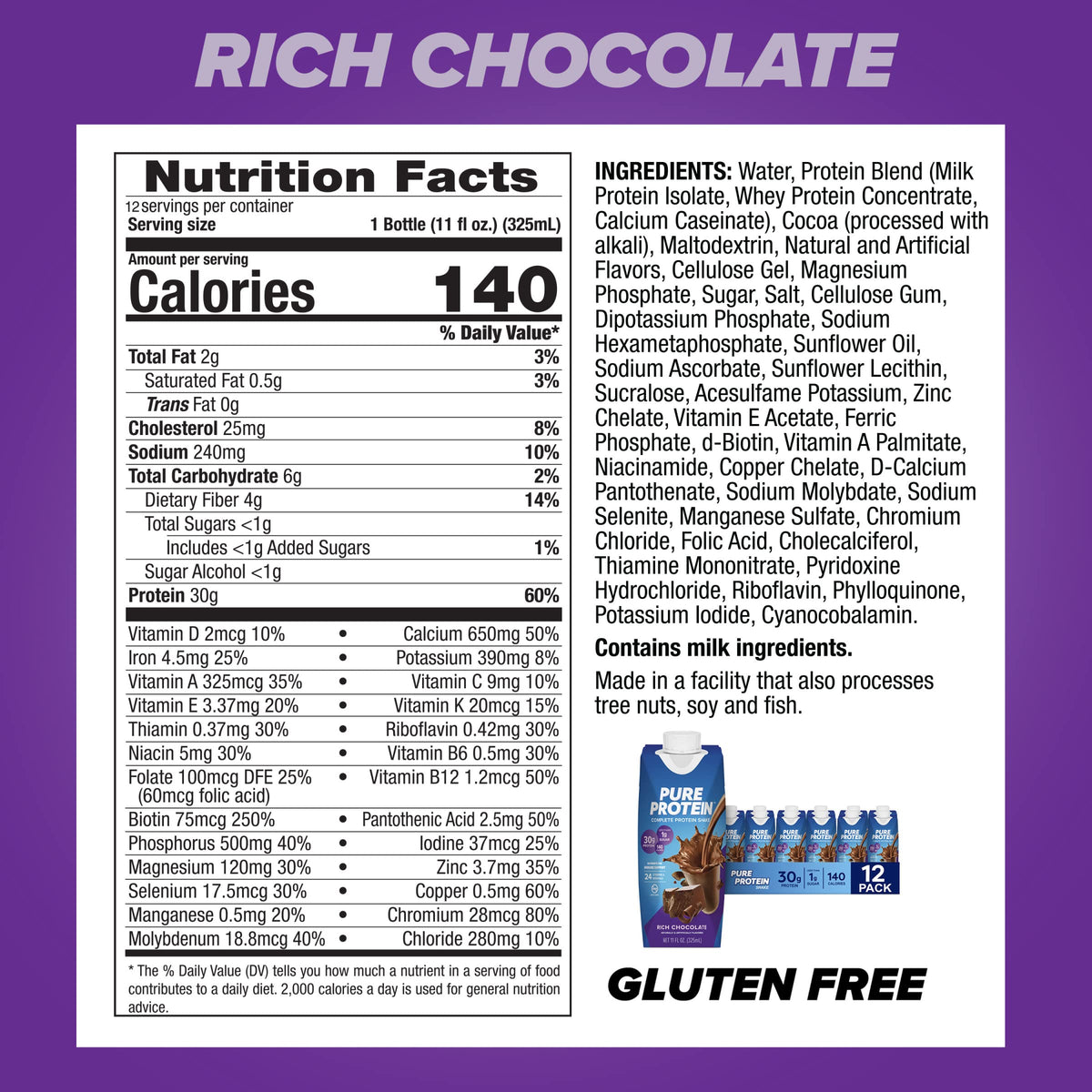Chocolate and Vanilla Protein Shakes, 30g Protein, 11oz, 12 Pack W532933
